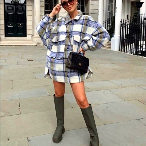 Zara Oversized Overshirt Plaid Jacket xL blue yellow buttons fuzzy hair - Picture 3 of 14